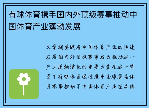有球体育携手国内外顶级赛事推动中国体育产业蓬勃发展