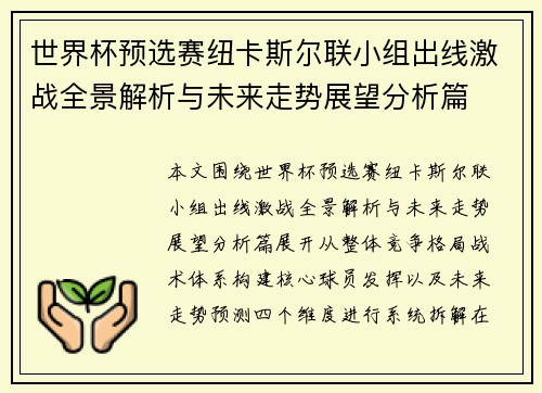世界杯预选赛纽卡斯尔联小组出线激战全景解析与未来走势展望分析篇